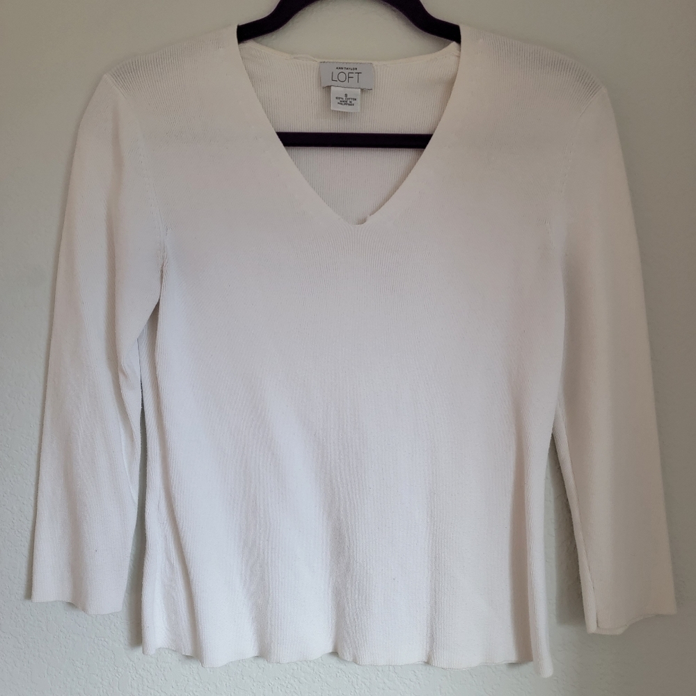 LOFT White V Neck Sweater Top [S]